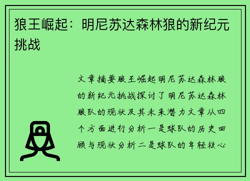 狼王崛起：明尼苏达森林狼的新纪元挑战