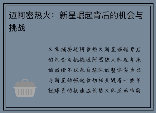 迈阿密热火：新星崛起背后的机会与挑战
